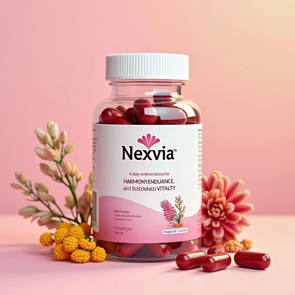 Nexvia supplement bottle illustration with gradient capsule design